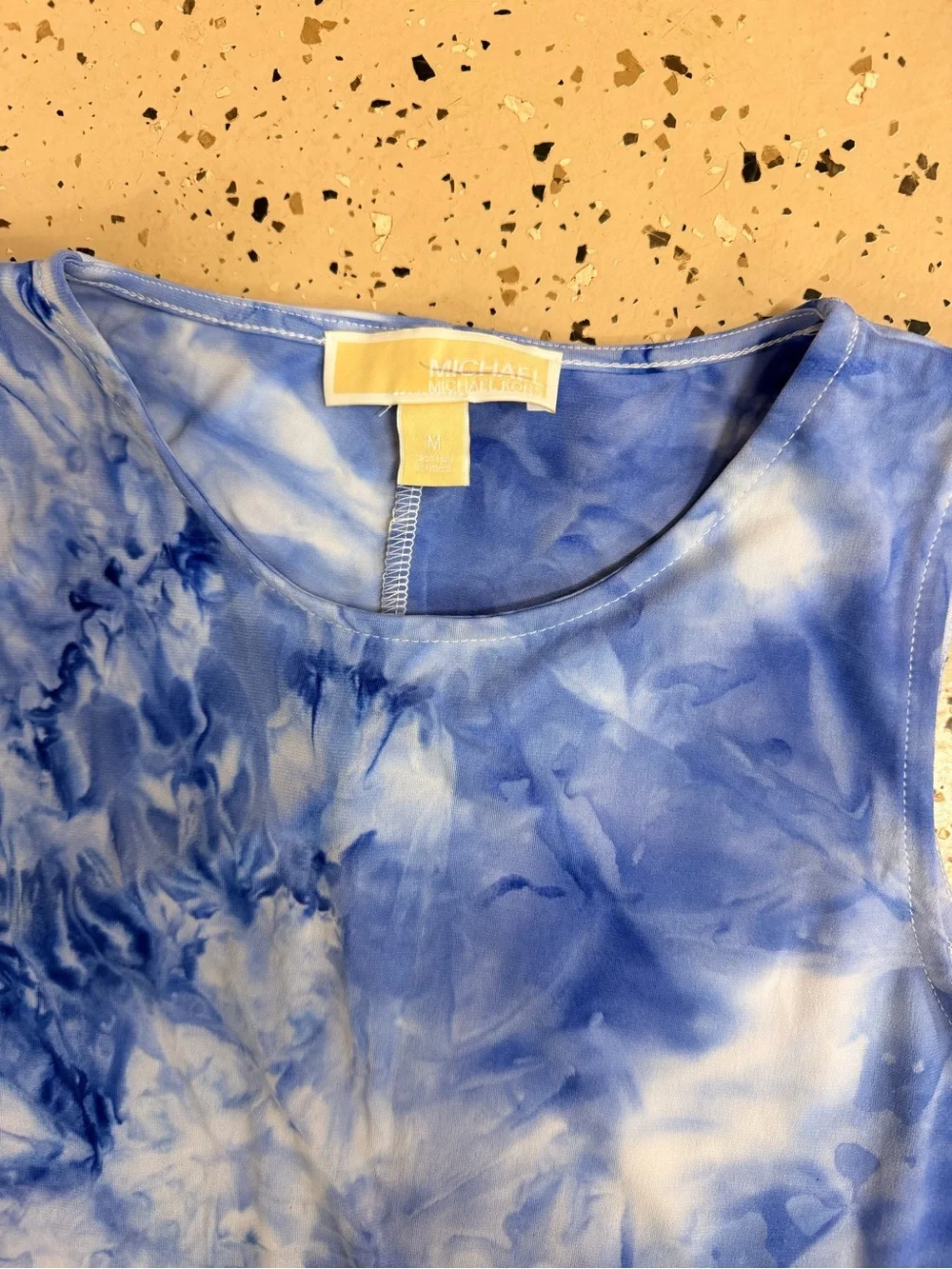 Sleeveless Blue Tie-Dye Ruffle Hem Michael Kors Dress with Waist Tie